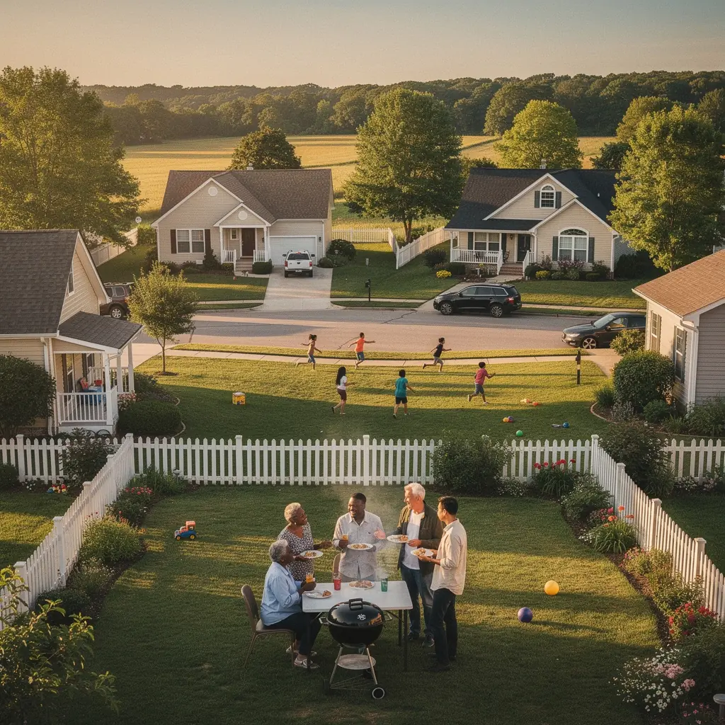 Widok na dom z dużym ogrodem, otoczony drzewami i spokojem.