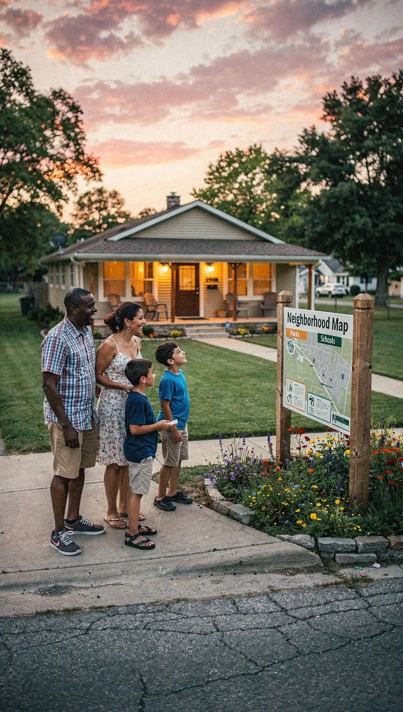 Rodzina spędzająca czas na podwórku w cichej wiejskiej okolicy.