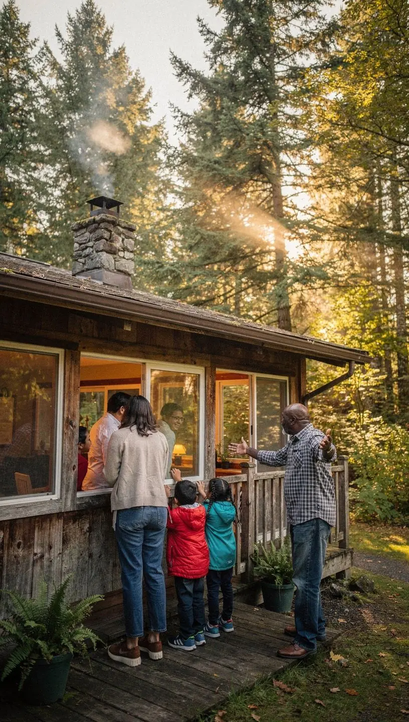 Rodzina spacerująca po cichej ulicy w malowniczej okolicy.