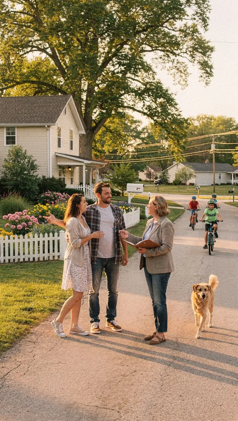 Widok na spokojną wieś z domami do wynajęcia i zakupu.