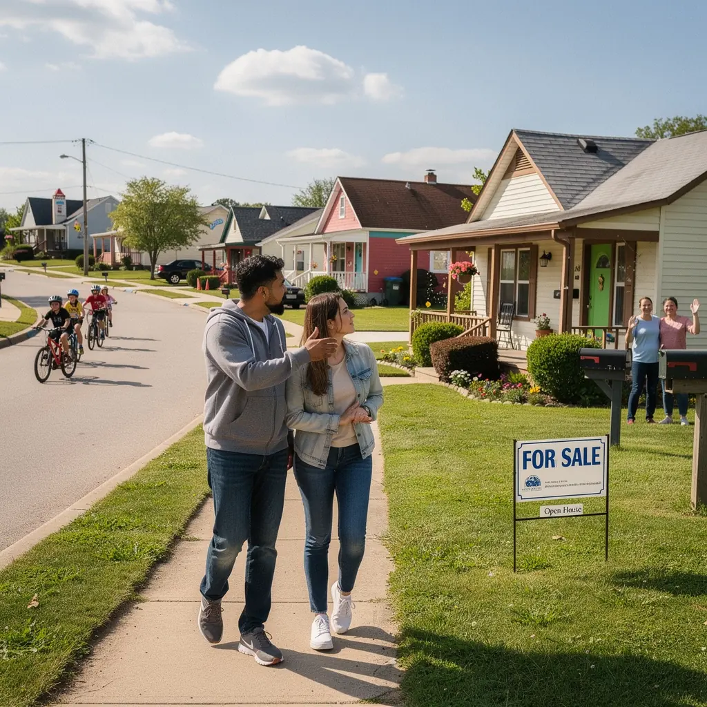 Widok na spokojną ulicę wiejską z domami na wynajem.