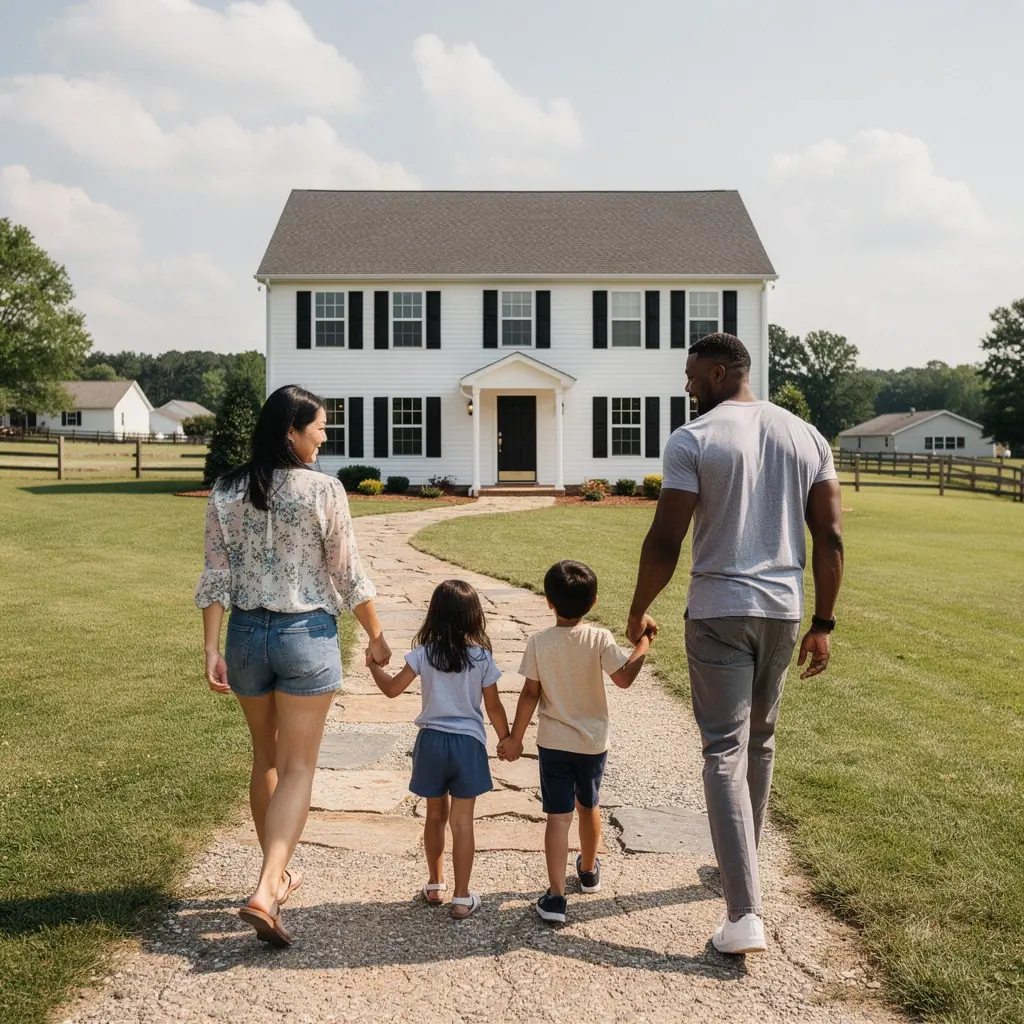 Rodzina przeglądająca oferty wynajmu mieszkań w spokojnej okolicy.