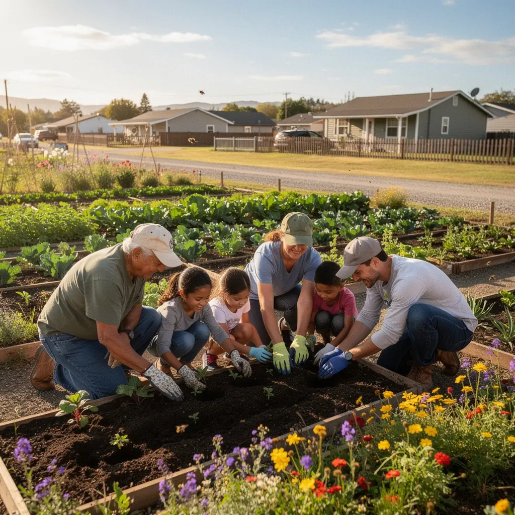 Zielony krajobraz wiejskich domów z przestronnymi podwórkami i drzewami.